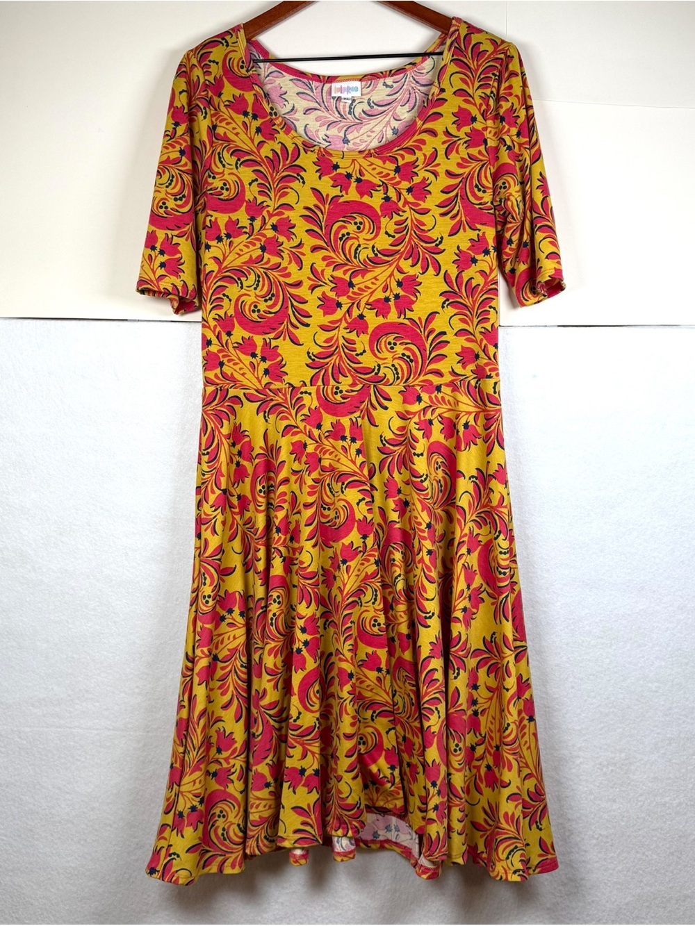 LuLaRoe Nicole Fit & Flare Midi Dress Yellow & Pink Bellflower Floral Womens XL